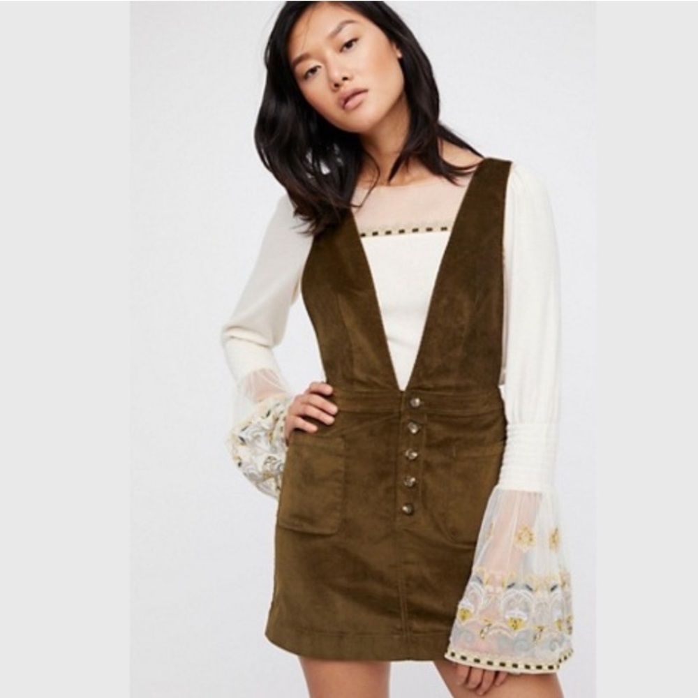 FREE PEOPLE Old School Love Olive Green Corduroy Mini Jumper Dress
